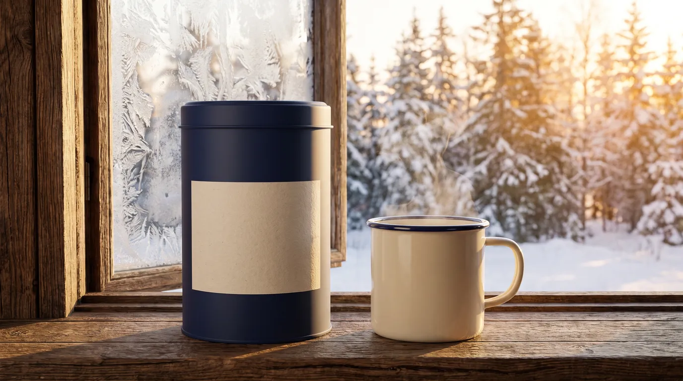 Product scene study: a navy coffee tin on a frosted cabin windowsill at sunrise