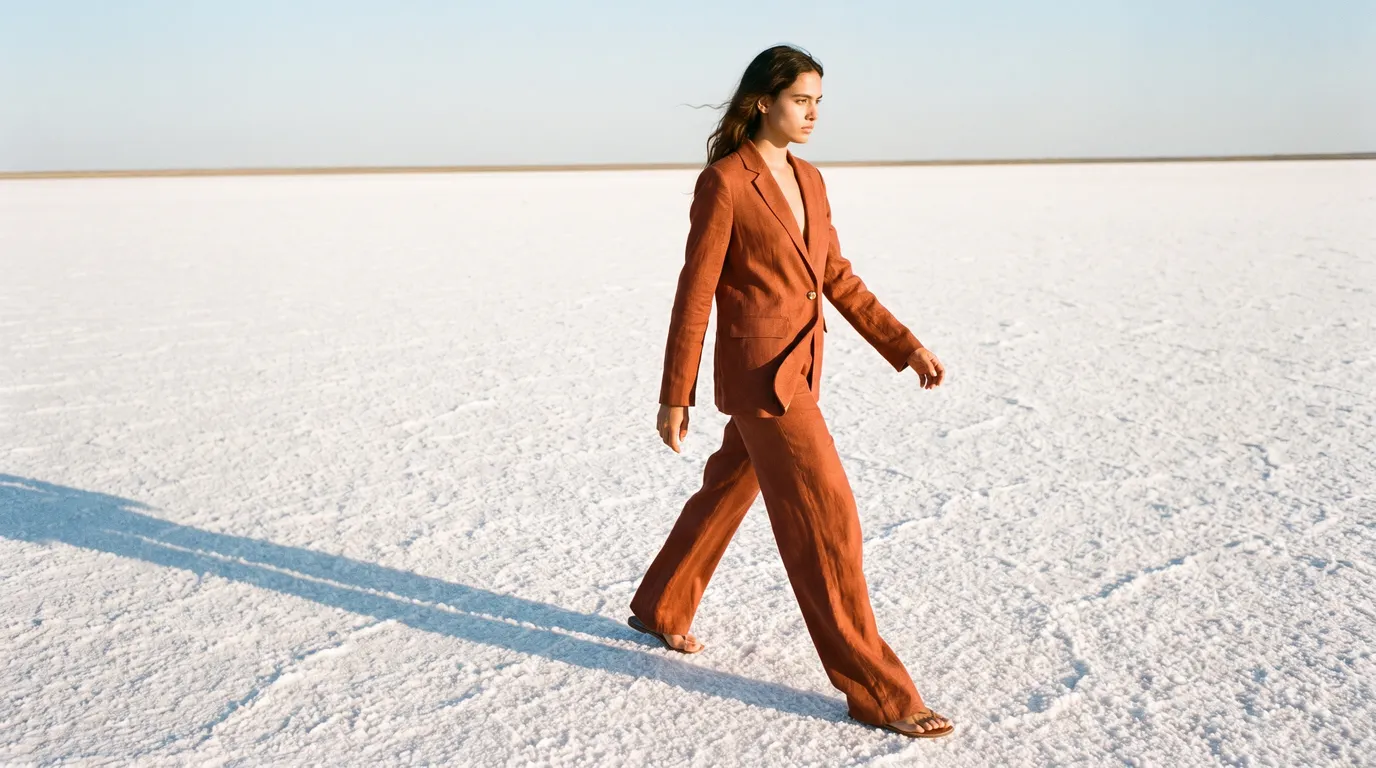 Lookbook frame of a rust linen suit on a white salt flat at golden hour