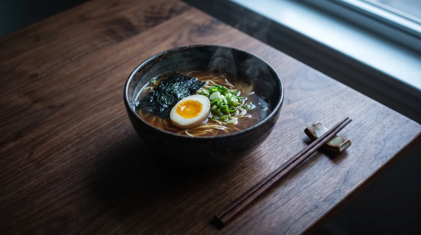 Top-down shoyu ramen with soft egg and steam on a dark walnut table