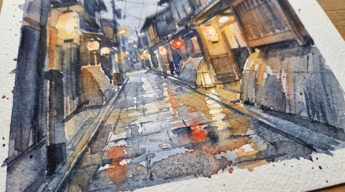 Watercolour study of a rainy Kyoto alley with glowing lanterns
